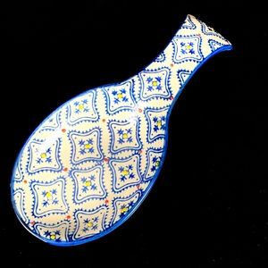 Royal Spoon Rest Kitchen Ceramic Hand Painted Blue and White Geometric Pattern